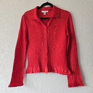 WD.NY Red Textured Popcorn Knit Cardigan Ruffle Trim Button Front‎ Top Small